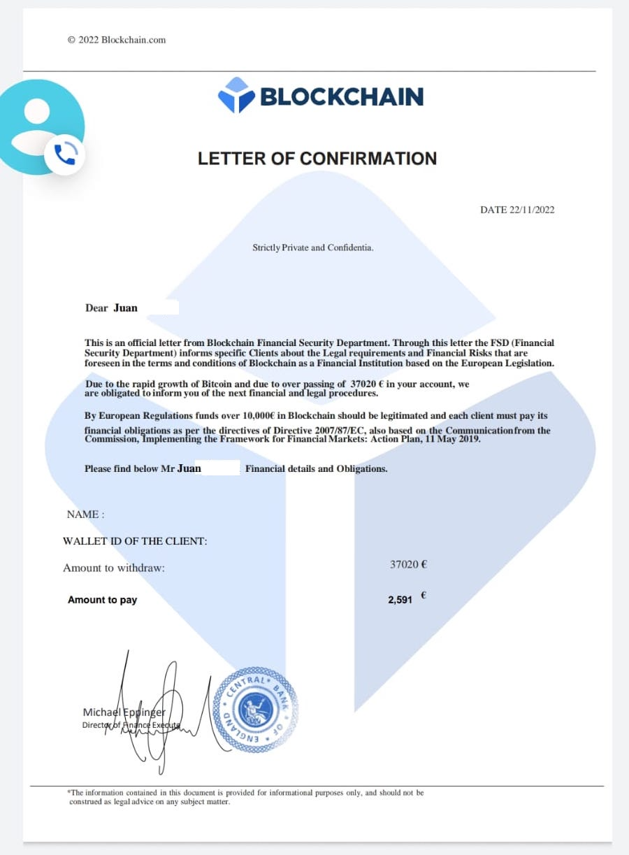 fake blockchain letter